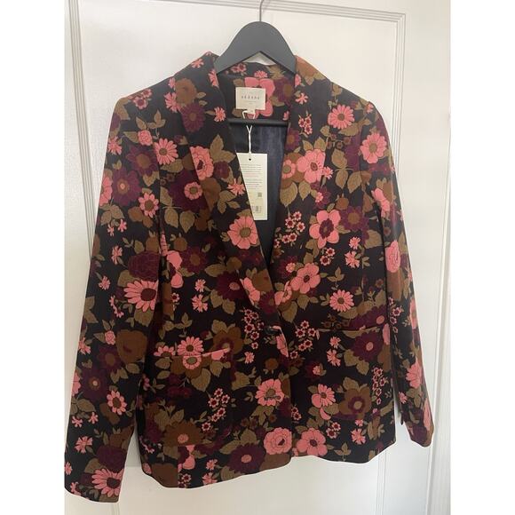 Sezane Tina Velvet Flowers Print Jacket Blazer Size 38 US 6 Brown NWT